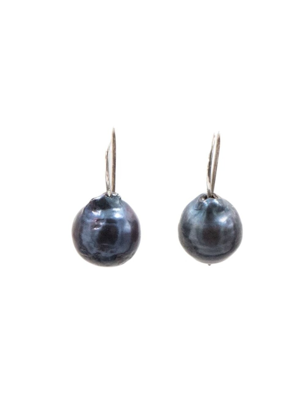 Sterling Silver 14mm Tahitian Black Baroque Pearl 1 Inch Hook Earrings